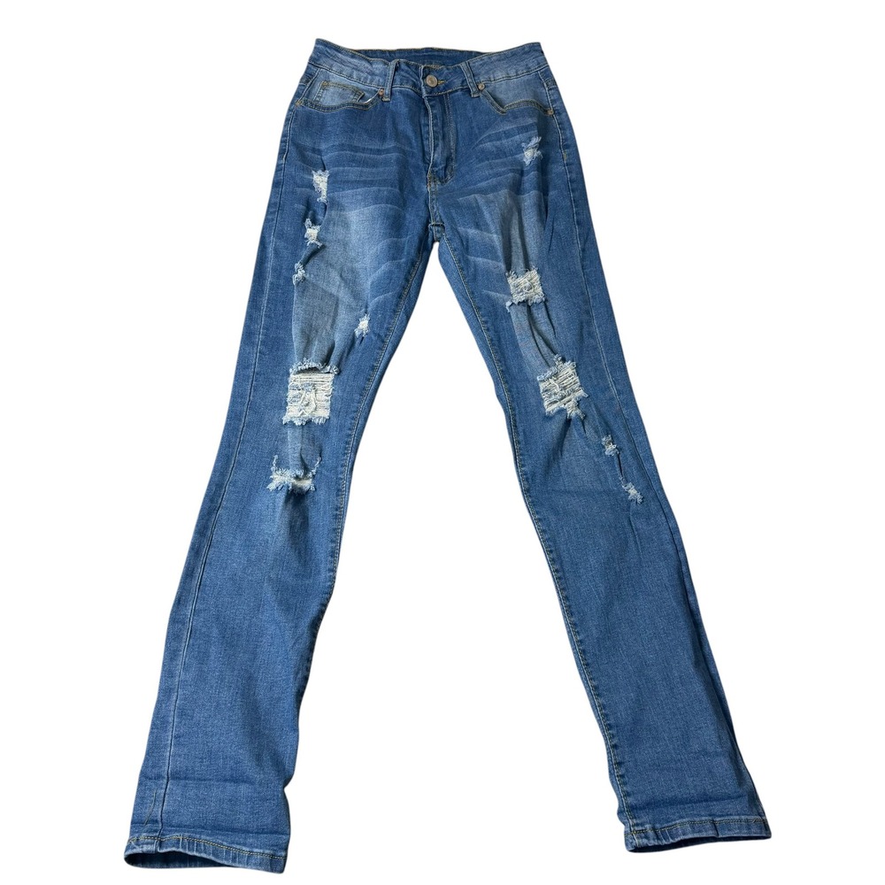 KUNMI Womens Distressed Skinny Jeans Blue Ripped Stretch Denim Sz Small Mid Rise
